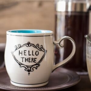 NWOT Anthropologie Molly Hatch "Hello There" Mug Blue Stripes Inside Coffee Mug